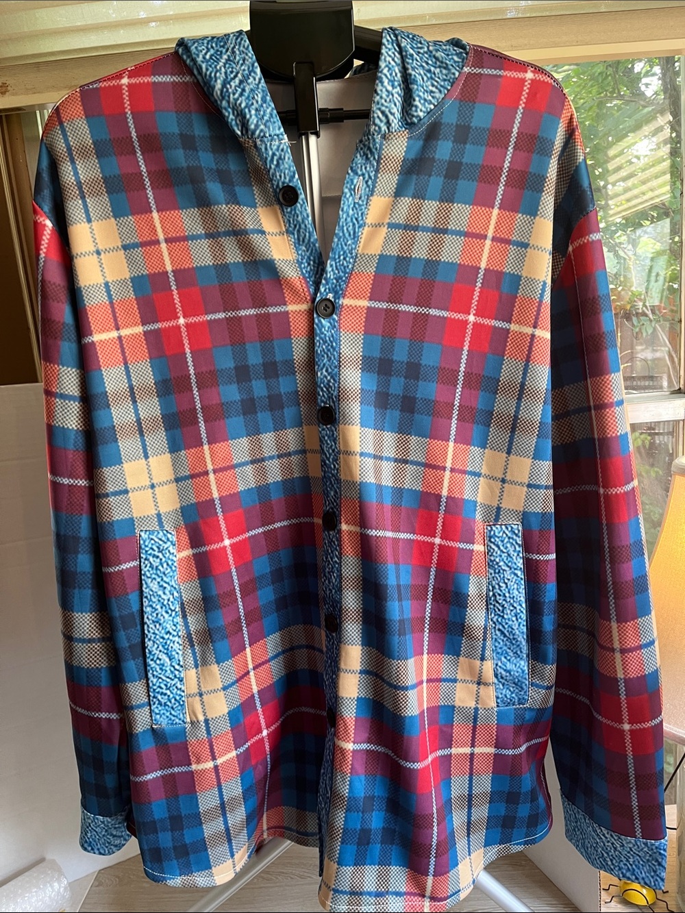 Men's Plaid Lightweight Hooded Shirt Jacket in Red, Blue & Cream